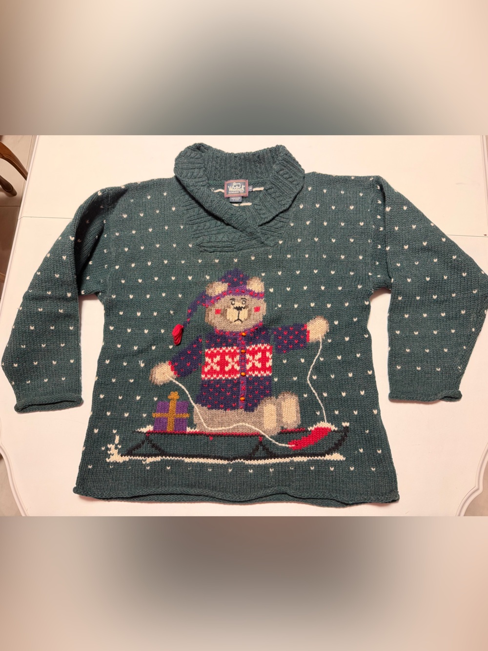 Woolrich green winter Sweater with Bear Sled Graphic